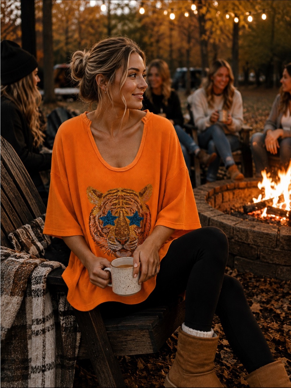 Judith March Orange Oversized Tiger Star Graphic Scoop Neck Sweater Size L